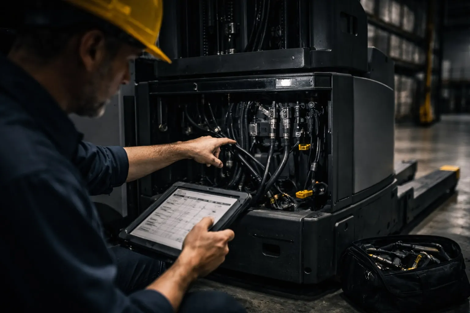Engenheiro com capacete analisando informações técnicas em um tablet em ambiente industrial.