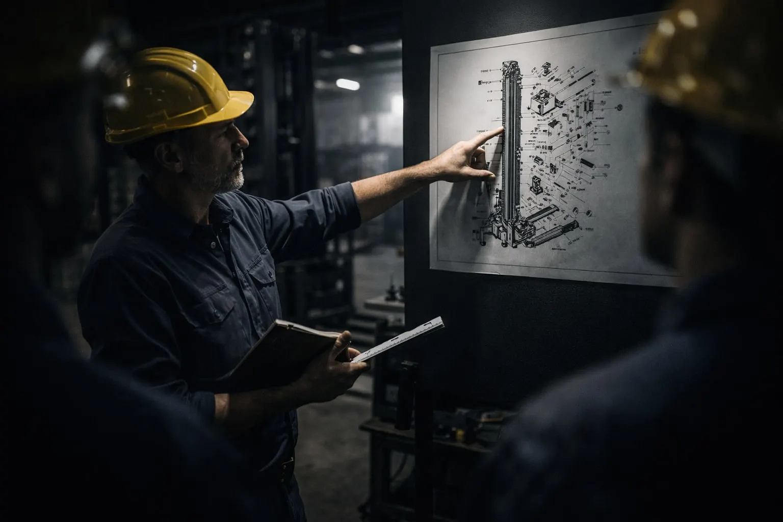 Dois profissionais com capacetes amarelos trabalhando juntos com ferramentas industriais.